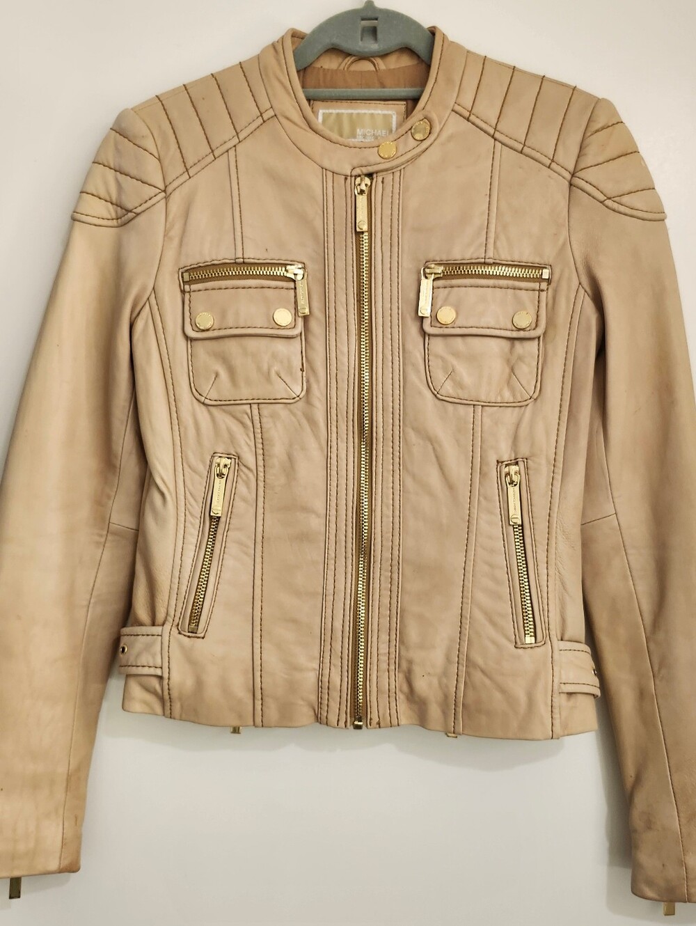 MICHAEL Michael Kors Zip-Detail Tan Leather Moto Jacket Women's Size S